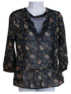 Pins & Needles Sheer Floral Print Top Black Small Peplum Blouse Lace Details